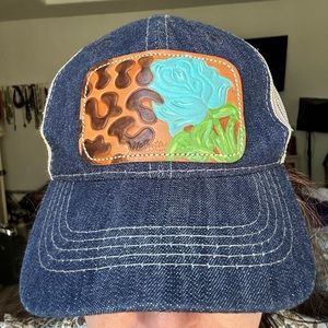 Mcintire Saddlery Denim & Tan Leopard teal aqua Rose Leather Patch baseball cap